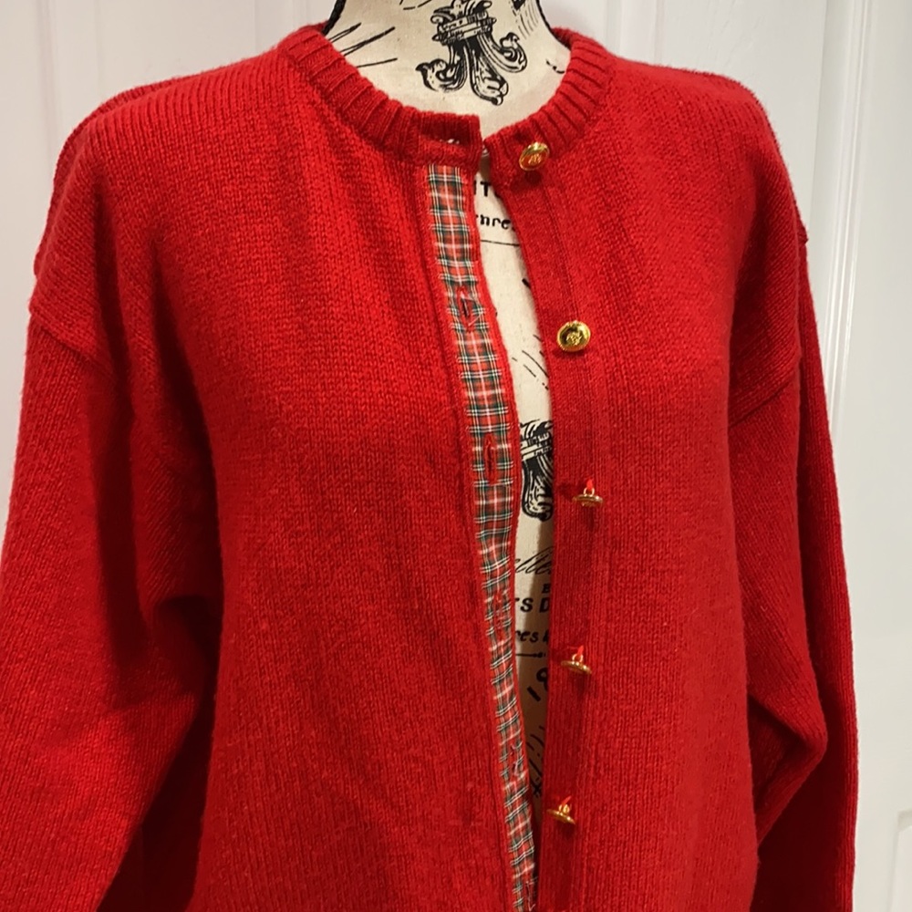 Pendleton Knockabouts Red Wool Cardigan with Plaid Trim and Gold Buttons XL